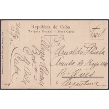 POS-1932 CUBA POSTCARD 1919 HAVANA REINA STREET CHURCH OF JESUS TO ARGENTINA.