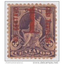 1902-28. CUBA. REPUBLICA. Ed.174. SIN GOMA. 2c. HABILITADO 1c s. 2c. ERROR. FALSO. IMPRESIÓN DESPLAZADA. DISPLACED ENGR