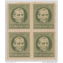 1917-140. CUBA. REPUBLICA. 1917. PATRIOTAS. Ed.211. 20c. JOSE ANTONIO SACO. BLOCK 4. CON GOMA MANCHADA.