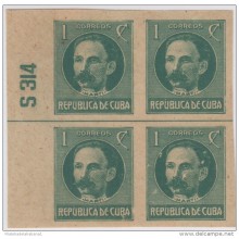 1917.118 CUBA. 1917. Ed.214As. PATRIOTAS. 1926. 1c. JOSE MARTI. NUMERO DE PLANCHA S314. PLATE NUMBER. SIN GOMA.