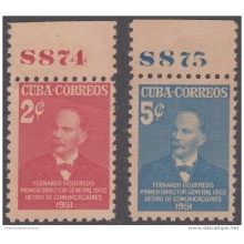 1951.107 CUBA. 1951. Ed.443-44. SIN GOMA. RETIRO DE COMUNICACIONES. NUMERO PLANCHA. PLATE NUMBER. ISMAEL CESPEDES.