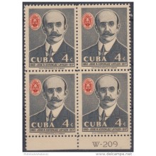 1958.108 CUBA. 1958. Ed.751. 4c. MNH. JOSE GONZALEZ LANUZA. ABOGADOS. LAWYER. BLOCK 4. PLATE NUMBER. NUMERO PLANCHA
