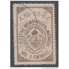 LOC-4 CUBA. SPAIN. ESPAÑA. REVENUE. FISCALES. 1883-84. SELLOS LOCALES. AYUNTAMIENTO DE MATANZAS. 5c. USADO
