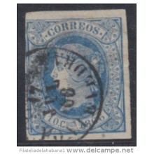 1866-77. CUBA. SPAIN. ESPAÑA. ISABEL II. 1866. Ed. 14. 10c. USADO EN ESPAÑA.  MARCA FECHADOR PONTVEDRA. GALICIA.