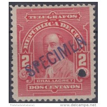 1911-64 CUBA. REPUBLICA. 1911. TELEGRAFOS. TELEGRAPH. 2c LACRET. Ed.93. SPECIMEN. MUESTRA. PRUEBA. MNH.