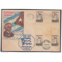 1951-FDC-25 CUBA. REPUBLICA. 1951. SOBRE GALIAS. CENTENARIO DE LA BANDERA. FLAG CENTENARIAL. CENTER OF SHEET 25c.