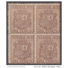 1875-20 CUBA ESPAÑA SPAIN. REPUBLICA. 1870. ESCUDO DE ESPAÑA. Ed.32. 1 PTA CASTAÑO. BLOCK 4. NUEVO SIN GOMA.