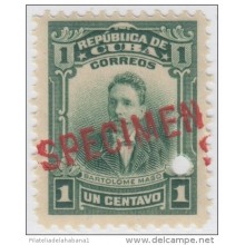 1911-40 CUBA. REPUBLICA. 1911. 1c BARTOLOME MASO. Ed.190. SPECIMEN. MUESTRA. PRUEBA. MNH.