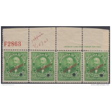 1911-57 CUBA. REPUBLICA. 1911. TELEGRAFOS. TELEGRAPH. 50c AGUIRRE. Ed.97. BLOCK 4. PLATE NUMBER. SPECIMEN. MUESTRA. PRUE