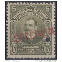 1911-61 CUBA. REPUBLICA. 1911. TELEGRAFOS. TELEGRAPH. 5c A. MORENO. Ed.95. SPECIMEN. MUESTRA. PRUEBA. MNH.