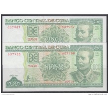2005-BK-10 CUBA. BANCO NACIONAL DE CUBA. 2005. 5$. MAXIMO GOMEZ UNC. 2 CONSECUTIVE BANKNOTE.