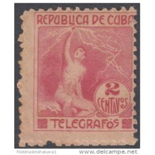 1916.2 CUBA. 1916. Ed.99. SIN GOMA. 2c. TELEGRAFOS. TELEGRAPH. ALEGORIA DEL RAYO. ELECTRICIDAD.