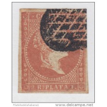 1857-79. CUBA. ESPAÑA SPAIN. ANTILLAS. ISABEL II. 1857. Ant.9. DOS REALES ROJO SIN FILIGRANA. MARCA POSTAL PARRILLA DE L