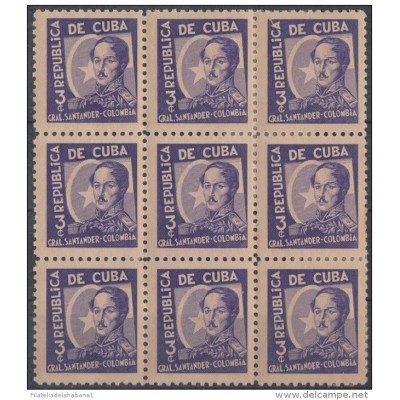 1937-166. CUBA. REPUBLICA. 1937. Ed.310. ESCRITORES Y ARTISTAS 3c. COLOMBIA. BLOCK 9. PAPEL SEPARADOR PEGADO.
