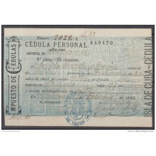 OTR-4 CUBA SPAIN ESPAÑA. REVENUE. 1892. CEDULA PERSONAL. IDENTIFICATION DOC. SELLO 11. 25c