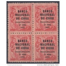1950-122. CUBA. REPUBLICA. 1950. Ed.435. BANCO NACIONAL. PROPAGANDA DEL TABACO. TOBACCO. BLOCK 4. GOMA MACHAS.