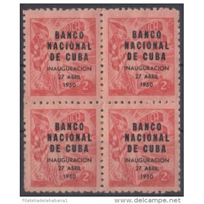 1950-122. CUBA. REPUBLICA. 1950. Ed.435. BANCO NACIONAL. PROPAGANDA DEL TABACO. TOBACCO. BLOCK 4. GOMA MACHAS.
