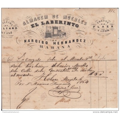 *E656 CUBA SPAIN ESPAÑA OLD ENGRAVING INVOICE 1864 \"MUEBLERIA EL LABERINTO\"