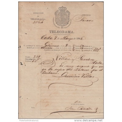 E1247 CUBA ANTILLAS SPANISH COLONIES SPAIN ESPAÑA OLD DOC TELEGRAM TELEGRAPH 1866