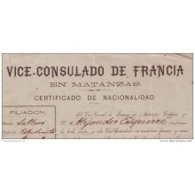 E1162 CUBA SPAIN ESPAÑA. 1890 CONSUL DE FRANCIA EN MATANZAS. CITIZEN CERTIFICATE