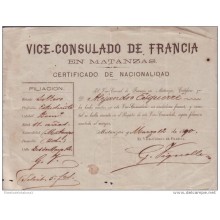 E1162 CUBA SPAIN ESPAÑA. 1890 CONSUL DE FRANCIA EN MATANZAS. CITIZEN CERTIFICATE