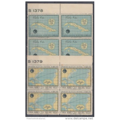 1958-133 CUBA. REPUBLICA. 1958. DIA DEL SELLO. STAMP DAY. CUBAN MAP. Ed.742-43. BLOCK 4. GOMA ORIGINAL TROPICALIZADA.