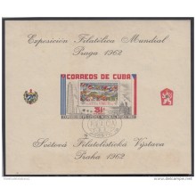 1962-20 CUBA. 1962. Ed.966. HOJITA EXPOSICION PRAGA CANCELADA EN PRIMER DIA. CERTIFICADO EXPERTIZACION. GOMA MANCHADA.