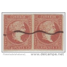 1855-27. CUBA. SPAIN. ESPAÑA. ISABEL II. 1855. Ed. 3a. 2 REALES ROJO VEMELLON. PAREJA USADA A TINTA. COLOR RARO.