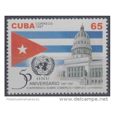 1997.9- * CUBA 1997. MNH. 50 ANIV ONU. UN. CONFERENCIA DE COMERCIO Y EMPLEO. CAPITOLIO NACIONAL. BANDERA. FLAG.
