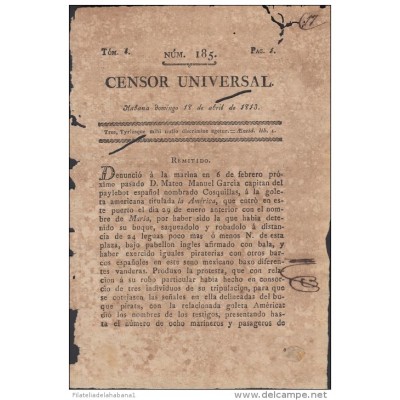 BP107 CUBA SPAIN NEWSPAPER ESPAÑA 1813 CENSOR UNIVERSAL 18/04/1813