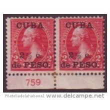 1899-8 CUBA 1899 US OCCUPATION. 2 1/2c. PLATE NUMBER 759. PAIR. NUMERO DE PLANCHA. SIN GOMA