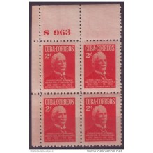 1952-199 CUBA. REPUBLICA. 1952. Ed.506. 2c. CH HERNANDEZ BLOCK 4 No. PLATE 963. MNH