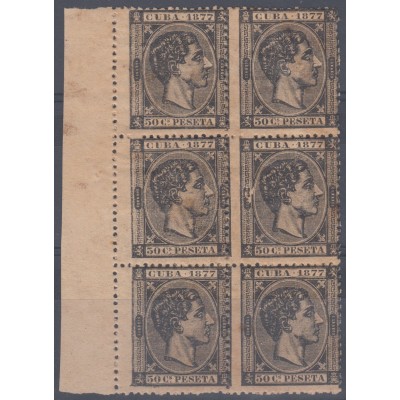 1877-14. CUBA 1876. ALFONSO XII. Ed.42. 50c BLOCK OF 6. PERFORATION ERROR.