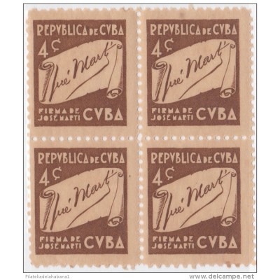 1937-184 CUBA REPUBLICA 1937. ESCRITORES Y ARTISTAS. 4c AUTOGRAFO DE JOSE MARTI Ed.312. BLOCK 4. MNH.