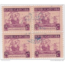 1937-192 CUBA REPUBLICA 1937. ESCRITORES Y ARTISTAS. 25c FLOTA DE COLON. BARCOS SHIP Ed.319. BLOCK 4. USED.