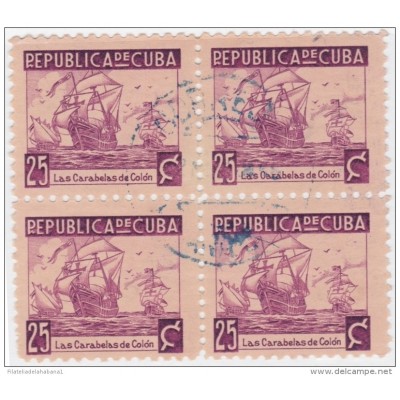 1937-192 CUBA REPUBLICA 1937. ESCRITORES Y ARTISTAS. 25c FLOTA DE COLON. BARCOS SHIP Ed.319. BLOCK 4. USED.