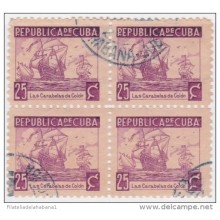 1937-193 CUBA REPUBLICA 1937. ESCRITORES Y ARTISTAS. 25c FLOTA DE COLON. BARCOS SHIP Ed.319. BLOCK 4. USED.