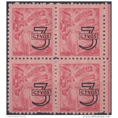 1953-151 CUBA REPUBLICA. 1953. Ed.561 TABACO HABILITADO 3c. BLOCK 4 GOMA ORIGINAL.