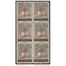 1956-171 CUBA REPUBLICA. 1956. Ed.576 CAMPANA DE LA DEMAJAGUA. BLOCK 6 LIGERAS MANCHAS.