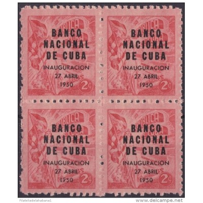 1950-144 CUBA. REPUBLICA. 1950. Ed.435. PROPAGANDA DEL TABACO. HABILITADO BANCO NACIONAL. BLOCK 4. MNH.
