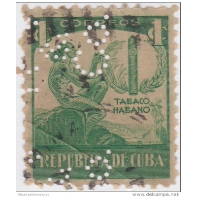 1939-157 CUBA. REPUBLICA. 1939. TOBACCO. 1c. PERFINS "R. V &amp C&ordm ". RICARDO VELOSO BOOK STORE.