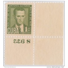 1951-199 CUBA. REPUBLICA. 1951. Ed.464. ANTONIO GUITERAS. 1c PLATE NUMBER NO GUM.