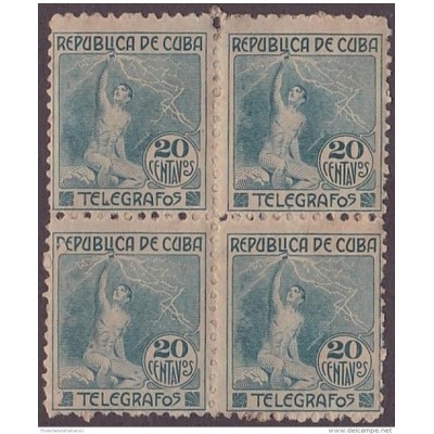 1916-22 CUBA. REPUBLICA. 1916. Ed.103. 20c. TELEGRAFOS TELEGRAPH. ELECTRIC. BLOCK 4 ORIGINAL GUM