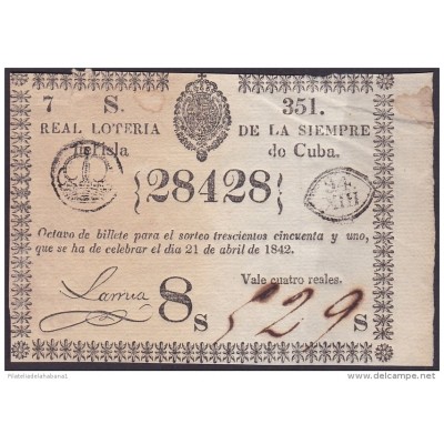 LOT-170 SPAIN ESPAÑA CUBA OLD LOTTERY. 1842. SORTEO 351.
