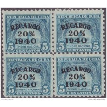 REP-110 CUBA REPUBLICA REVENUE. 1940 RECARGO 20%. 5c BLOCK 4 MNH.
