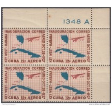 1957-270 CUBA. REPUBLICA. 1957. Ed.721. 30 ANIV PRIMER VUELO A KEY WEST. LIGERAS MANCHAS BLOCK 4. PLATE NUMBER.