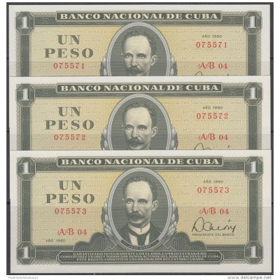 1980-BK-112  CUBA 1980. 1$. BANCO NACIONAL. JOSE MARTI. UNC. 3 CONSECUTIVOS.