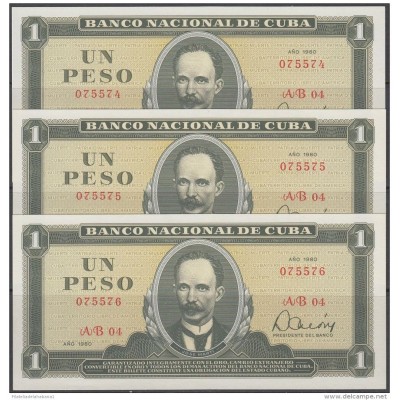 1980-BK-113 CUBA 1980. 1$. BANCO NACIONAL. JOSE MARTI. UNC. 3 CONSECUTIVOS.