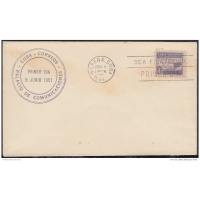 1951-FDC-101 CUBA REPUBLICA. 1951. FDC. SEMIPOSTAL. PALACIO DE COMUNICACIONES. BLACK CANCEL.