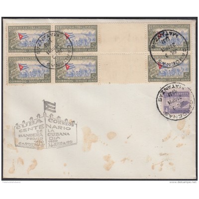1951-FDC-125 CUBA REPUBLICA. 1951. FDC. LA BANDERA CUBAN FLAG ONLY AIR GUTTER PAIR ONLY AIR STAMPS LILY CARDENAS CANCEL.